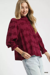 Umgee Heart Jacquard Ruffle Trim Shirt OutfitFlow